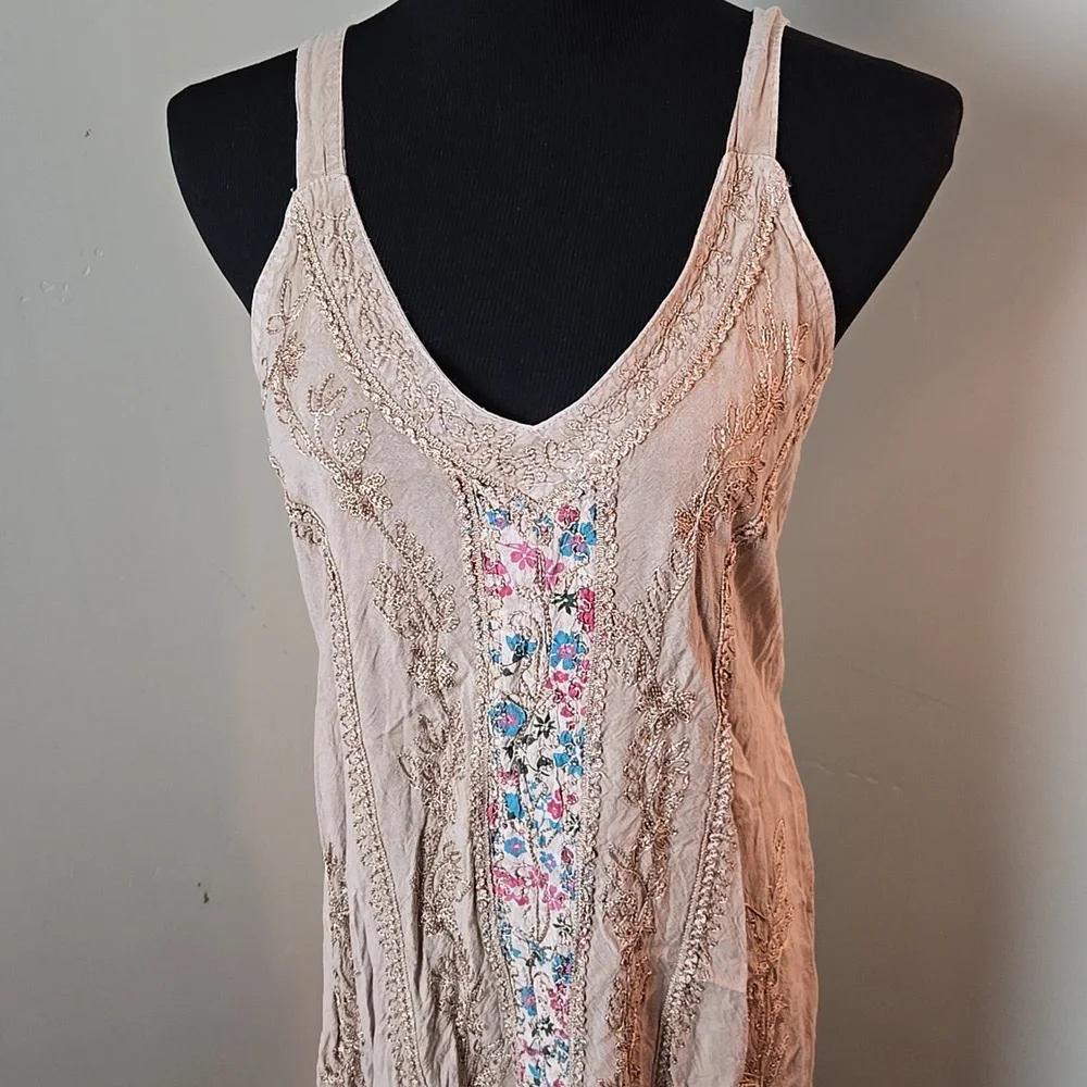 Beige embroidered 90s rayon dress - Picture 2 of 5